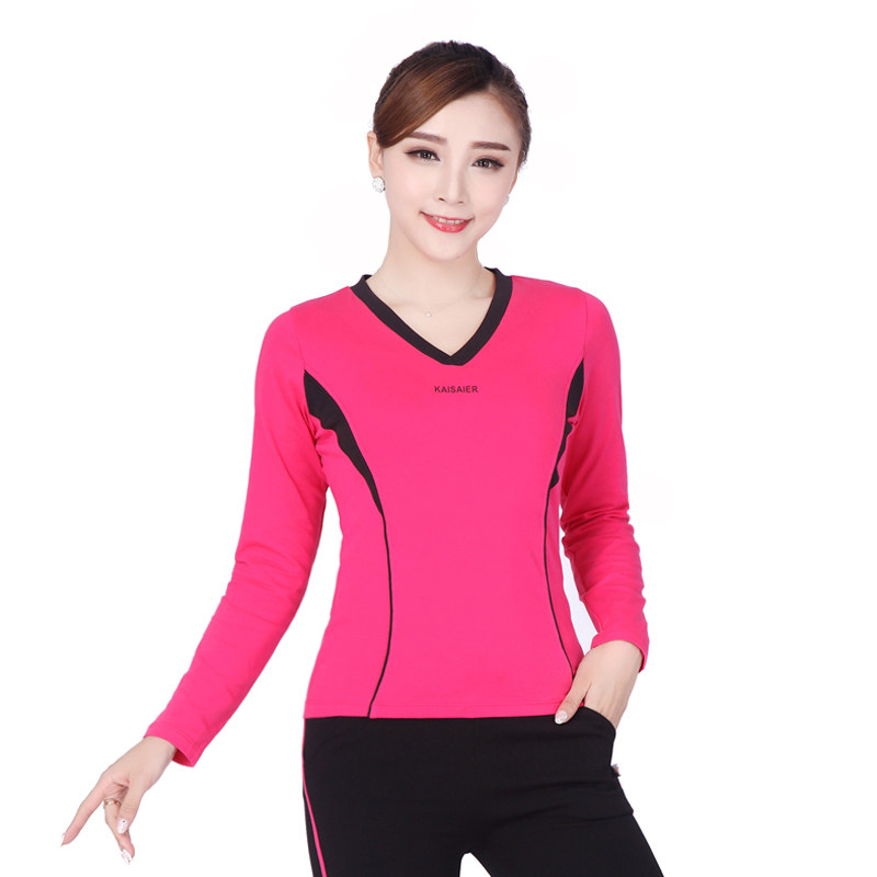 Women's four seasons sports fitness long sleeve top cotton new V-neck square dance performance clothing aerobics top