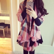 2020 new Korean version of autumn and winter wool ball scarf women thickened plaid collar dual-use pink imitation cashmere shawl