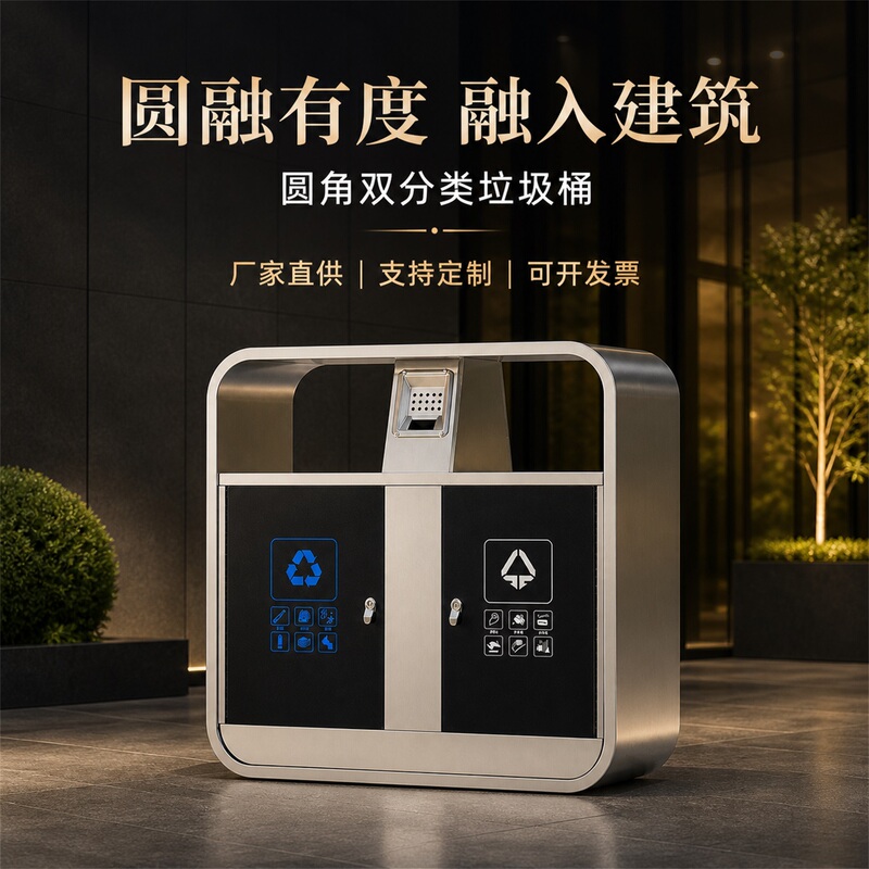 Outdoor Trash Can with Rounded Corners, Dual-Category Trash Bin, Outdoor Stainless Steel Modern Minimalist Trash Bin for Community Parks Outdoor Trash Can with Rounded Corners, Dual-Category Trash Bin, Outdoor Stainless Steel Modern Minimalist Trash Bin for Community Parks