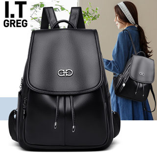 Hong Kong I.Tgreg Korean Style Women's Backpack Black Genuine Leather Backpack Large Capacity Casual Versatile Soft Leather Travel Bag