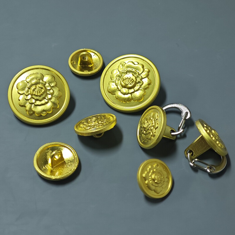 Solid Metal Hand-Stitched Gold Buttons with Peony Flower Design for Management and Duty Work Uniforms, Hidden Eyelet Long Shank Shoulder Buttons