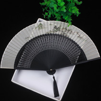 Chinese style landscape painting fan ancient style folding fan retro summer womens folding fan classical Silk small silk fan Japanese style