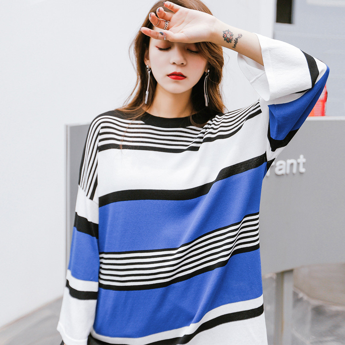 条纹七分袖套头针织衫2017秋装新款拼接圆领宽松中长款上衣女薄款