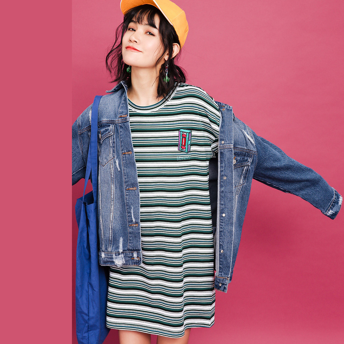 2017秋装新款学院风宽松韩版bf裙子圆领条纹刺绣短款T恤连衣裙女