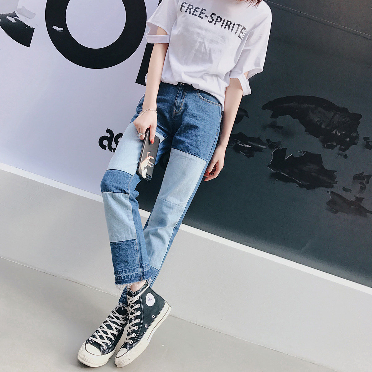 2017韩版秋装新款宽松浅色撞色港味贴布九分直筒百搭显瘦牛仔裤女