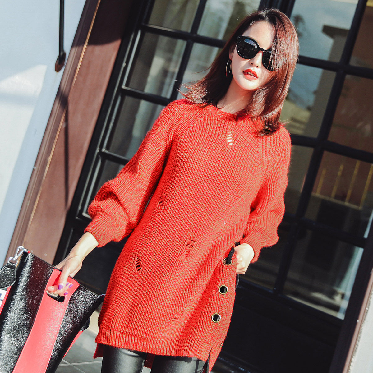 针织衫女套头秋冬装新款2017韩版宽松粗毛线镂空外穿学生慵懒毛衣