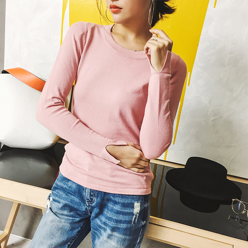 七格格2017秋装新品 纯色修身显瘦袖口开衩长袖针织衫 女X208