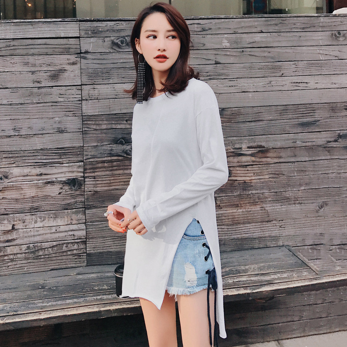 港味白色t恤女2017秋新款纯色中长款开衩圆领长袖不规则宽松学生