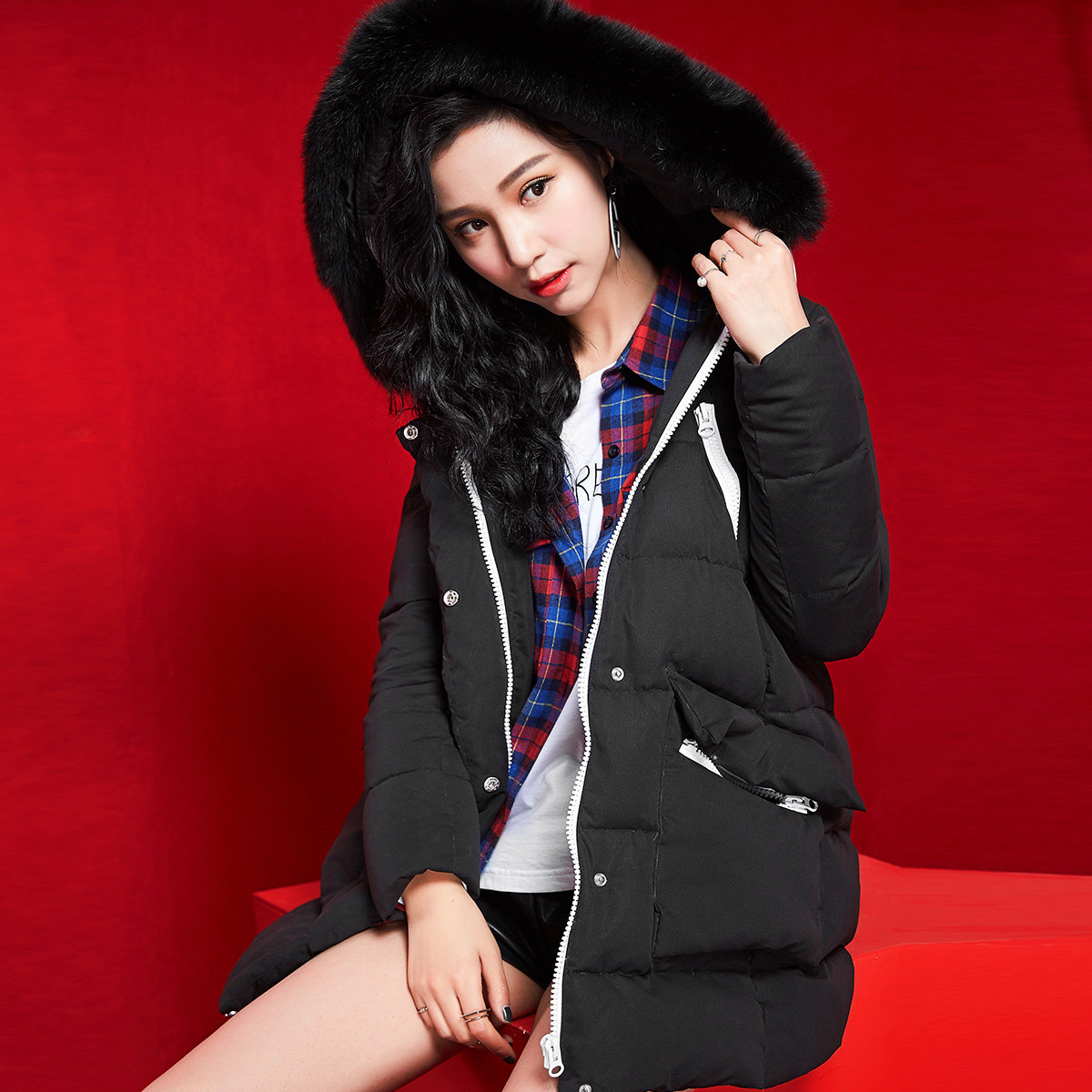 中长款加厚外套冬季新款韩版宽松学院狐狸毛领连帽白鸭绒羽绒服女