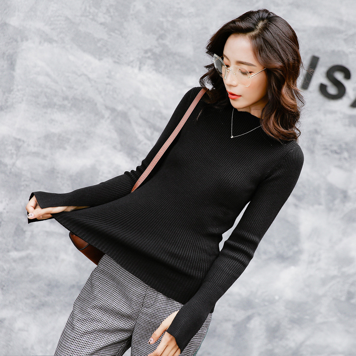 针织衫女套头开叉春秋2017新款韩版修身外穿百搭chic长袖打底上衣