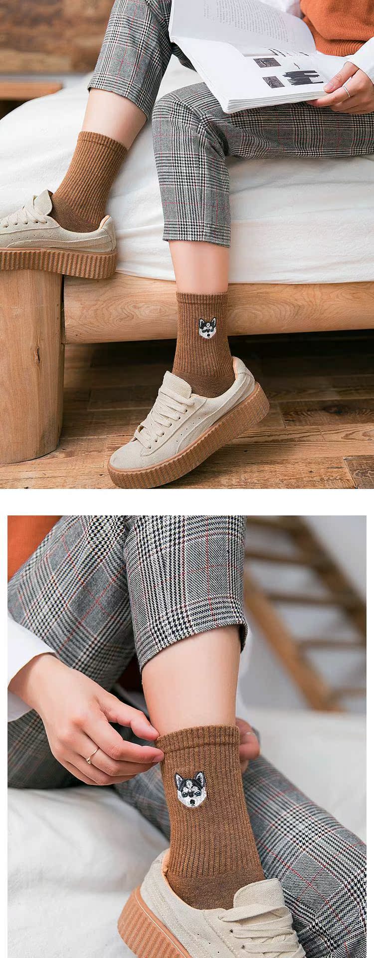 Cá nhỏ nhà Sen retro thêu màu hoạt hình ba chiều con chó cotton vớ phụ nữ vớ vớ vớ lười nam