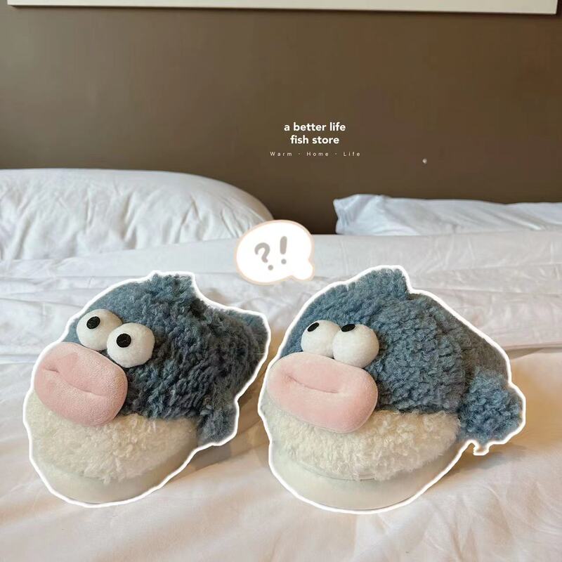 *Fish Store* Cute Pufferfish Non-Slip Home Shoes Closed-Toe Casual Warm Furry Couple Floor Shoes