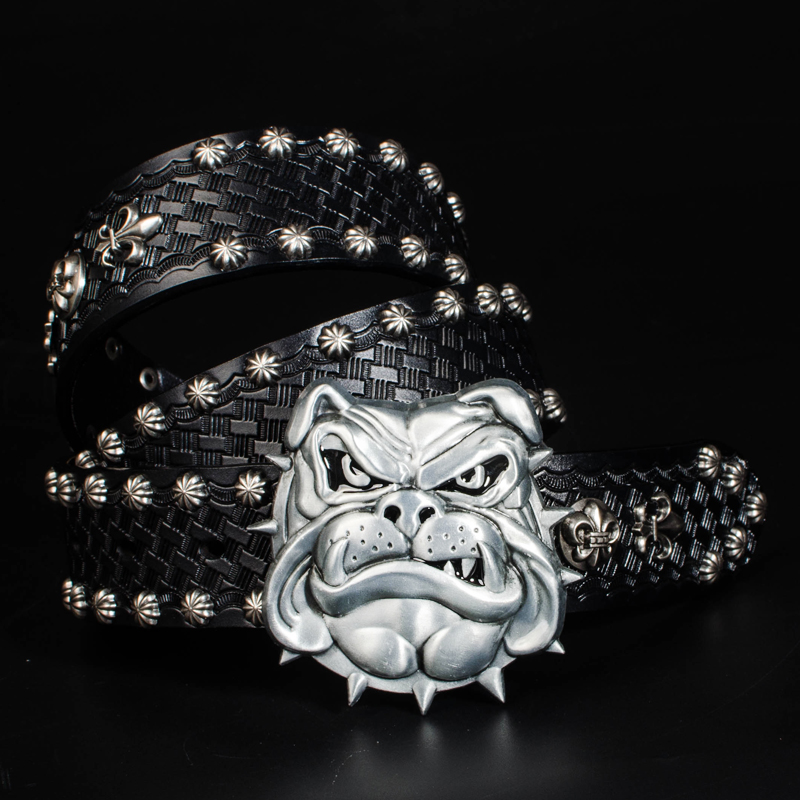 Personality dog head handmade belt First layer cowhide men's belt Retro art handmade belt Evil dog struck Quan Zhilong