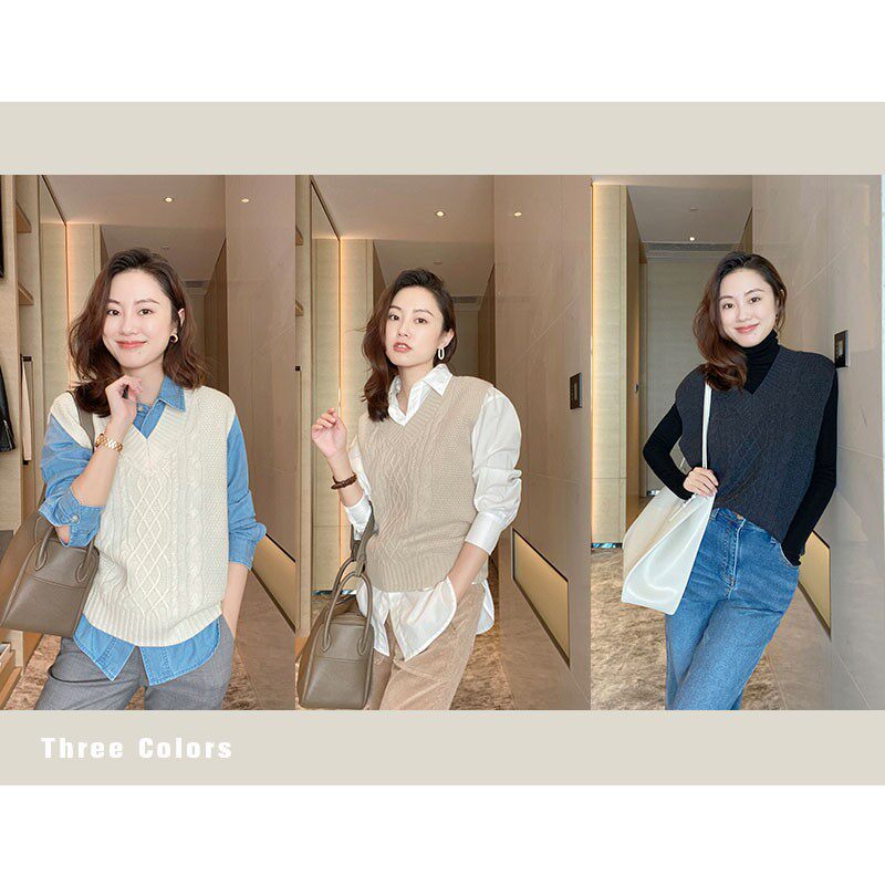 The puree shop JUE beauty gallows ~ fa-style retro pineapple needle twist waistcoat V collar full wool vest