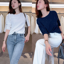 Mud brothers shop also see blingbling Xinjiang combed cotton bright beads bottomed short sleeve t-shirt