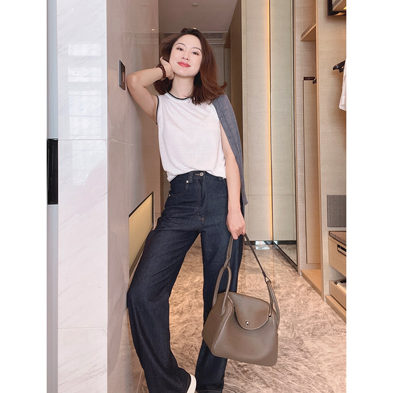 Mud brother's shop Yi-level textured jeans Silk modal wide-leg straight-leg pants summer thin trousers