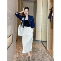 Mu Ges shop pear-shaped figure B prepared flower denim skirt early autumn thin cotton seed shell texture
