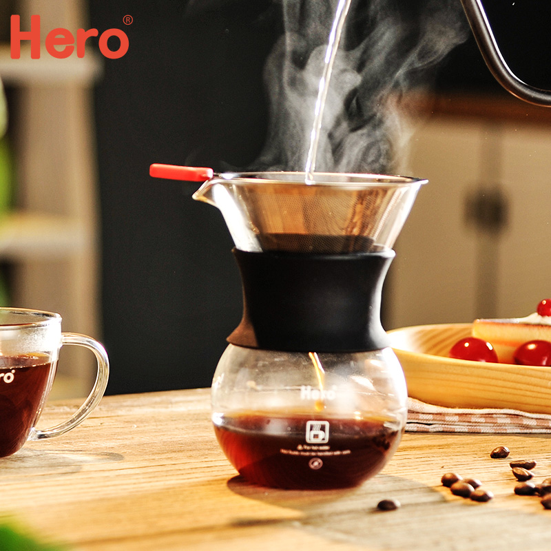 Hero hand-flush coffee pot Hand-flush integrated pot Stainless steel filter glass sharing pot Drip coffee hand-flush pot
