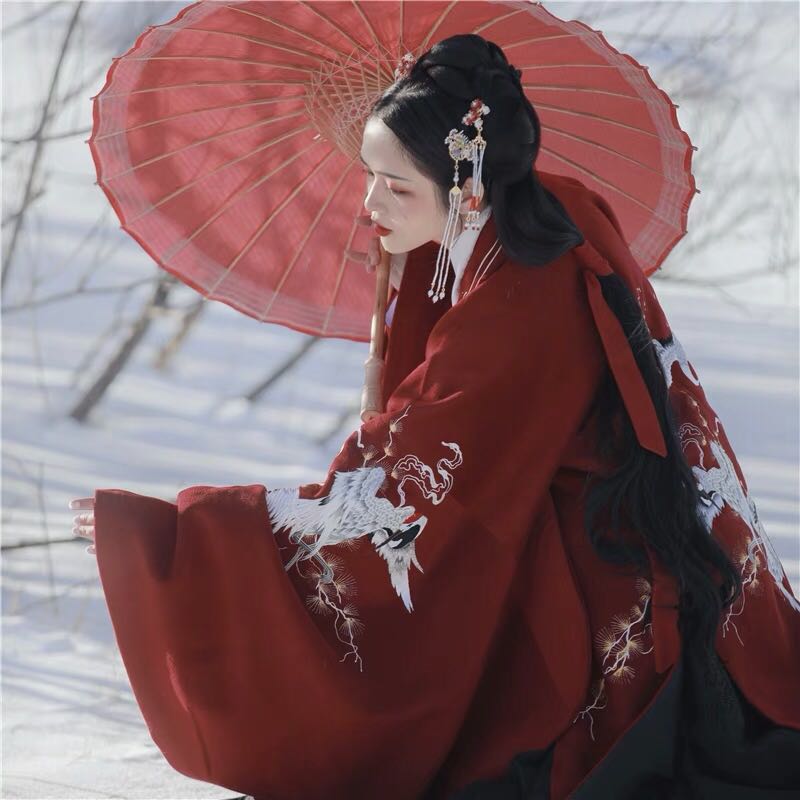 Hanfu rental (Six Immortals Book Pavilion) Jiuxiao woolen cloak autumn and winter Ming system cross-collar jacket skirt red and black crane