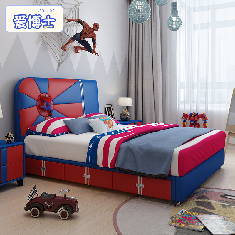 Children's bed boy modern minimalist single bed teenager bed storage cartoon 1 35 meters solid wood soft bag leather bed