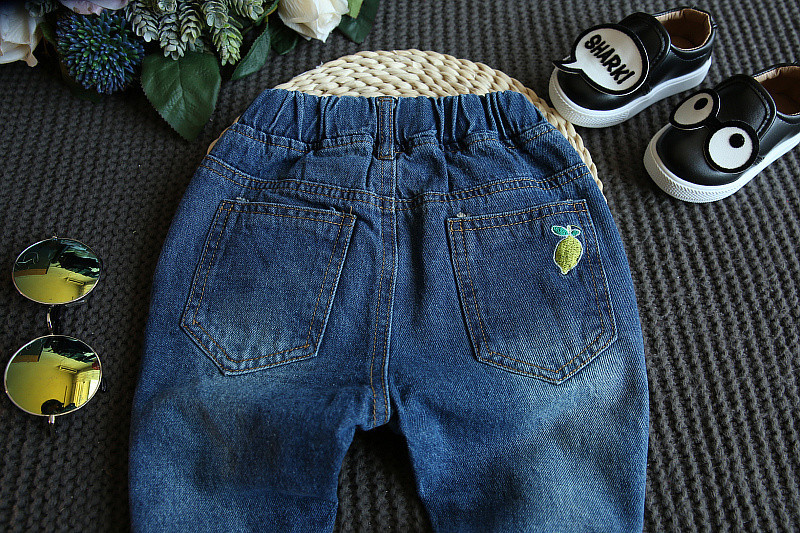 Xuân 2018 mới của các cô gái Hàn Quốc thời trang quần jeans thêu hoa quả dại quần bò đẹp cho bé