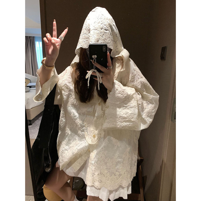 French-Style Vintage High-End Embroidered Lace Hooded Shirt for Women, Thin Lace Hoodie, Sun Protection Cover-Up Top for Summer