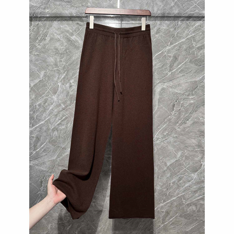 Sheep Wool Knitted Wide-Leg Pants for Women, Full Wool Seamless Pants for Outer Wear, Drapey, Thickened, Casual Straight-Leg Floor-Length Pants, Dark Coffee Color