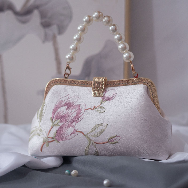 Original handmade delicate embroidered satin series qipao with bag retro hand bag Chinese pearl handheld mother bag