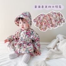 Spring paragraph small crumband flowers long sleeves one-piece clothes woman baby bag fart clothes triangle climbing princess dresses cute