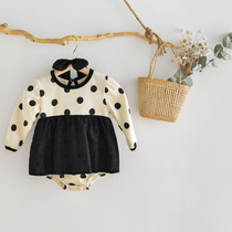 Autumn new baby girl baby Han version Bag Farting dots fake two pieces of butterfly knot hair with khae dress