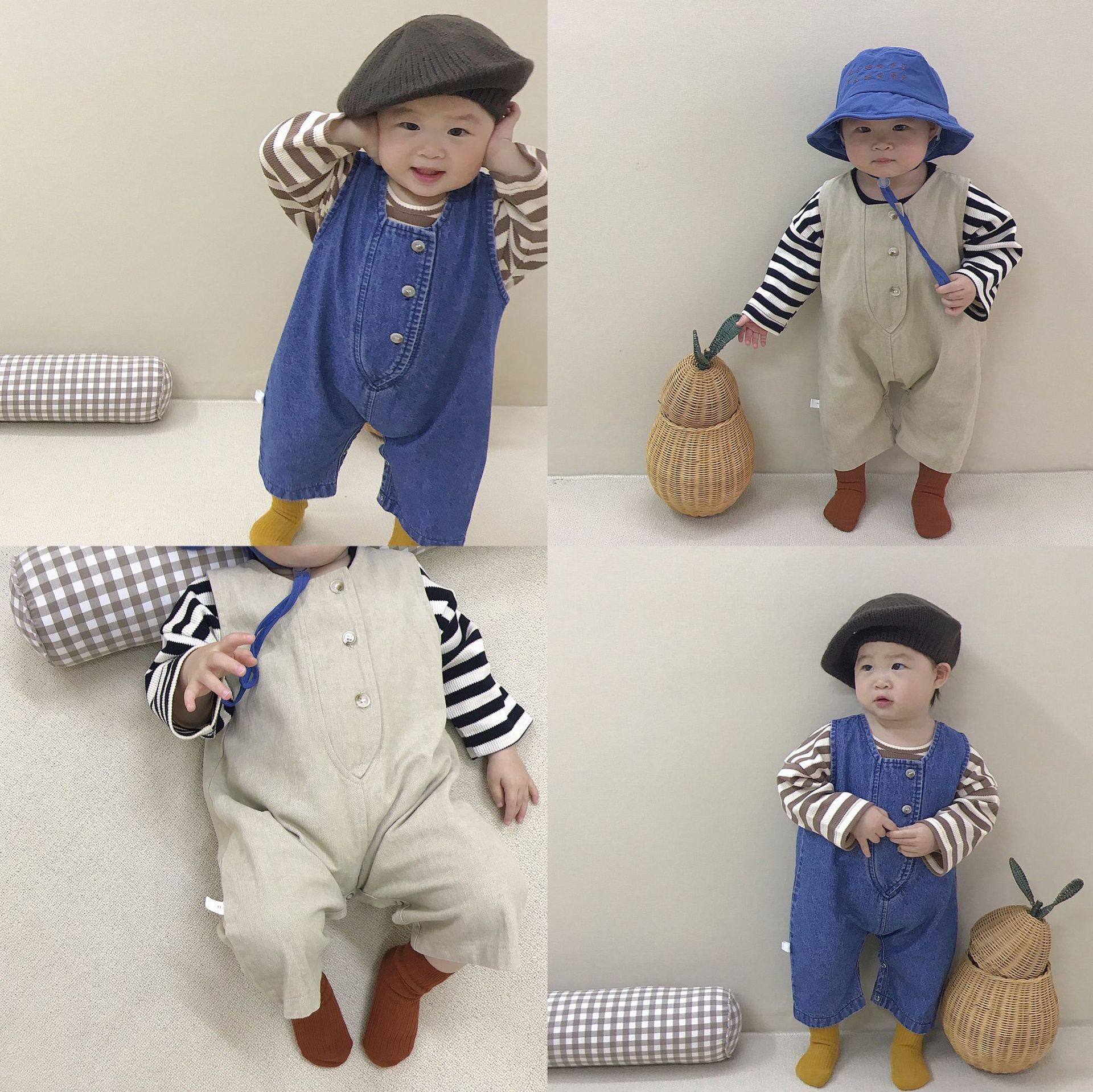 2022 springtime baby sweaters climbing clothes for children Buttoned Cowboy Cuddling Bag Pants Inner lap Stripes Long sleeves Nets