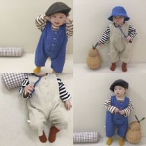 2022 spring baby one-piece clothes climbing clothes for children Buckle Cowboy Back With Pants Inner lap striped long sleeve undershirt