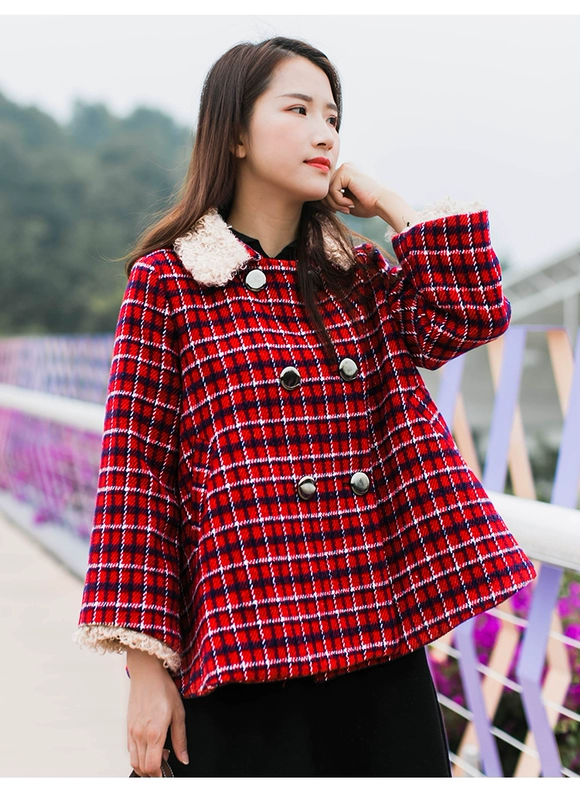 Vintage áo khoác lửng nữ sinh viên mùa đông ăn mặc dày áo choàng ngọt ngào kiểu cổ áo cừu cổ áo len ngắn