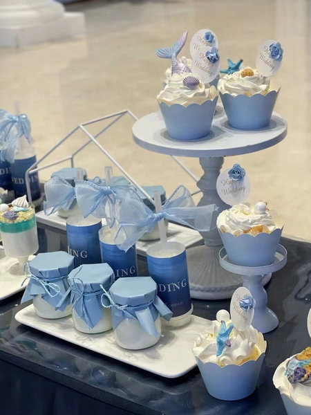 Blue Wedding Engagement Birthday Dessert Table Decoration Ornaments Cupcake Toppers Pudding Paper Push Pop Stickers
