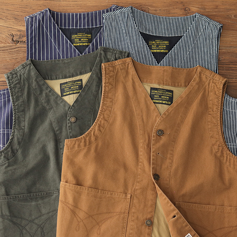 American Retro Workwear Layered Vest for Men, Amekaji Washed Pure Cotton Multi-Pocket Denim Vest Jacket