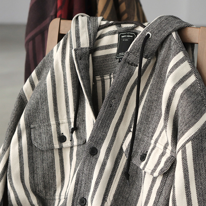 Autumn and winter coat men's Japanese retro herringbone pattern loose shoulder fold wear tide outside wear shirt men's tooling hoodie