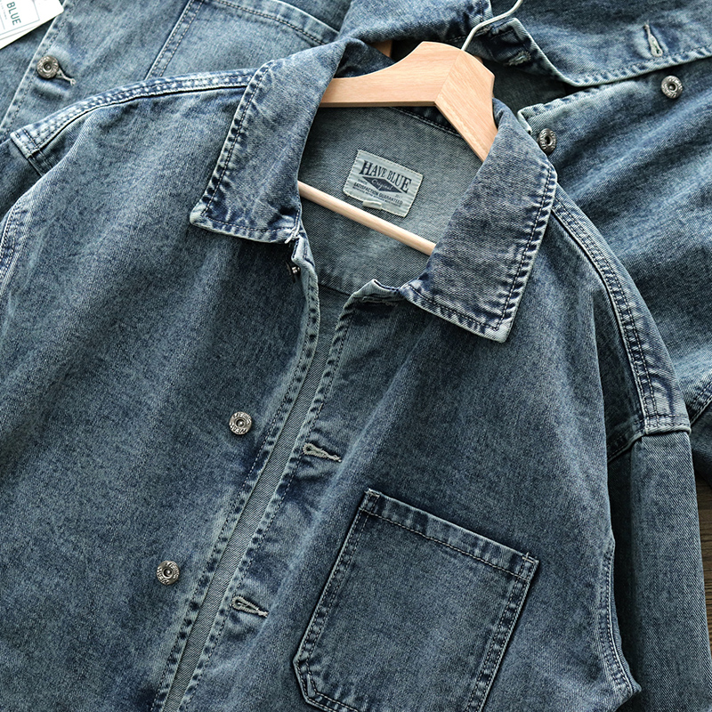 Heavy-pound tooling shirt jacket American vintage washed damp INS loose shoulder to make old flipped denim jacket man