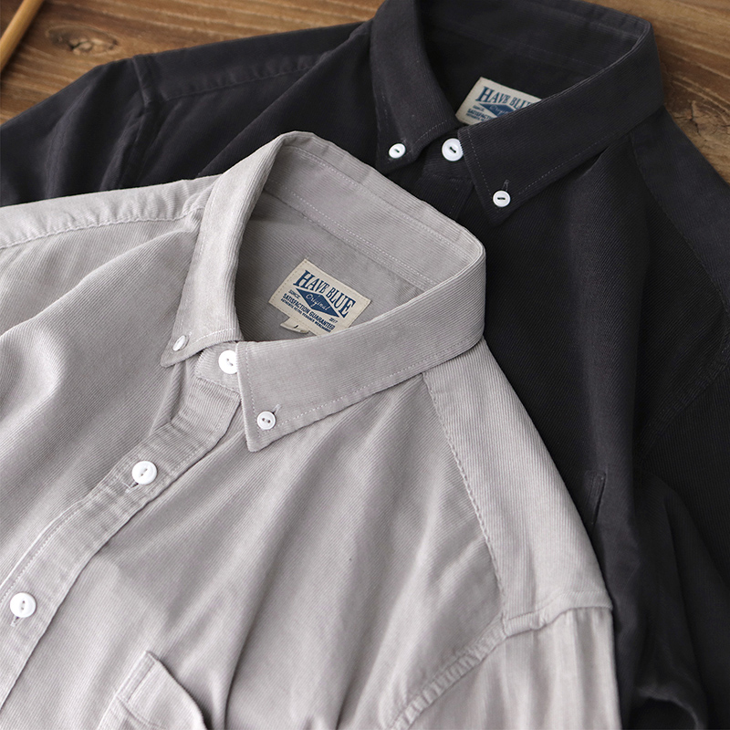 HAVE Blue autumn Leisure Day family retro hit bottom strip velvet shirt pure cotton light core suede long sleeve shirt man