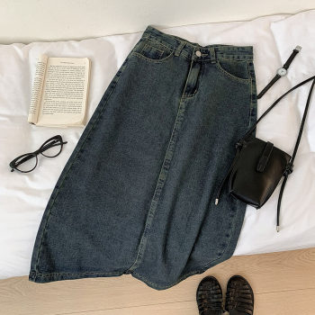 Temperament high waist retro denim skirt women's 2022 summer new women's loose and thin slit midi skirt