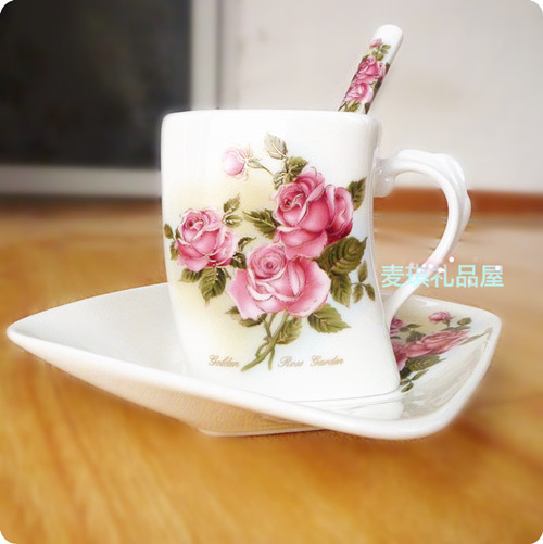 Korea imported TOPMATE kitchen beauty tableware wedding gift square mouth bone china with dish coffee cup with spoon powder