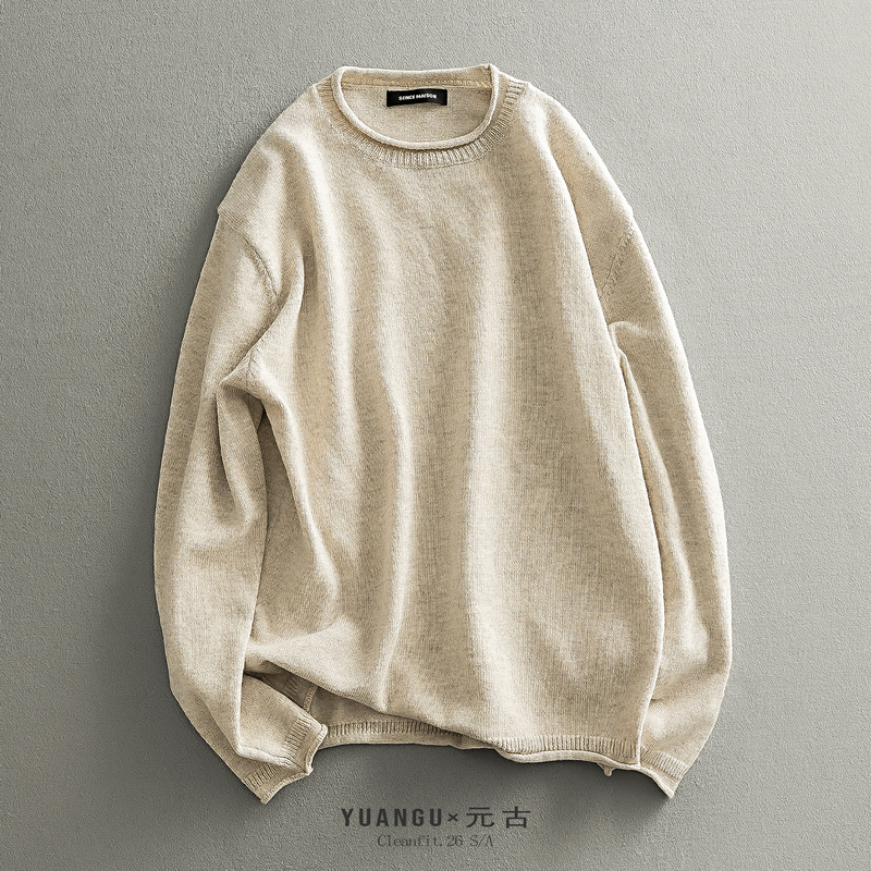 Yuan Gu Wool Blend Crew Neck Pullover Knit Sweater, Autumn and Winter Loose Fit with Rolled Hem Design, Trendy Sweater for Men and Women