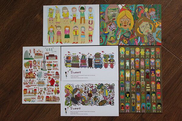 Three trees original illustration map postcard without bottom left