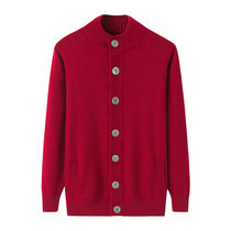 Winter middle-aged men thickened semi-turtleneck pure cashmere sweater pocket solid color stand-up collar cardigan sweater loose jacket