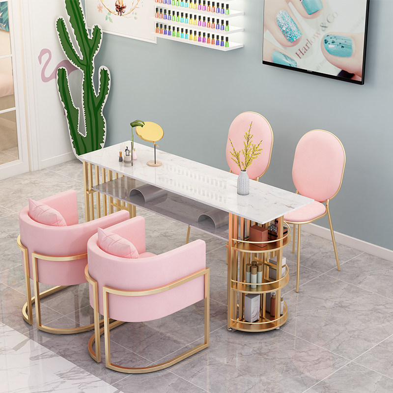 Ins net red double manicure table table and chair set marble simple Japanese style three-person manicure table golden Nordic style