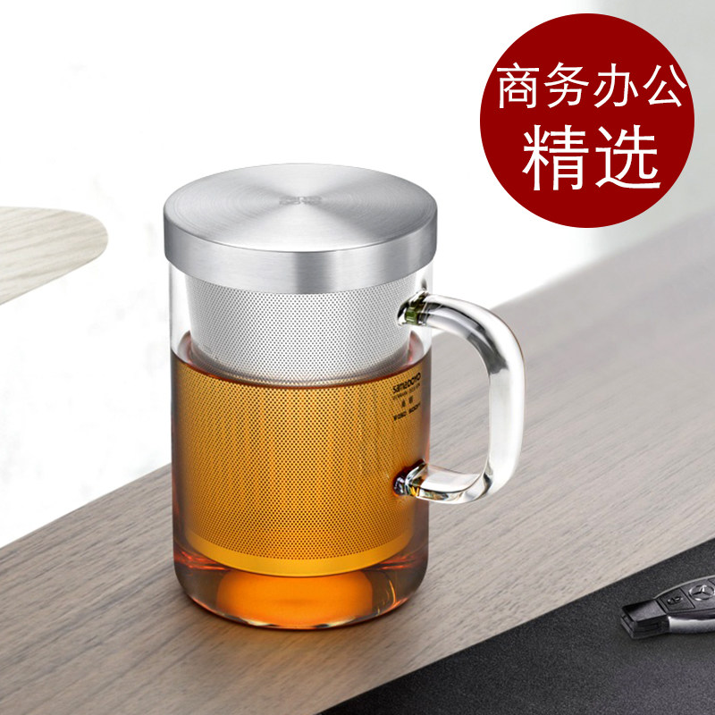 Shang Ming glass household water cup filter office tea cup transparent tea cup with lid thick heat-resistant glass