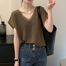 Solid color V-neck short sleeved ice silk knitted sweater for women in South Korea, fashionable and loose fitting, slimming fit, thin fitting summer trendy top