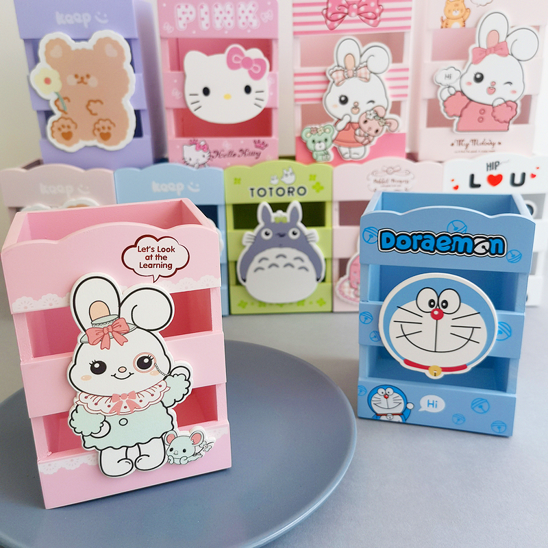 Cute cartoon desktop swing piece containing box primary and middle school students to move with an office female original wooden pen holder