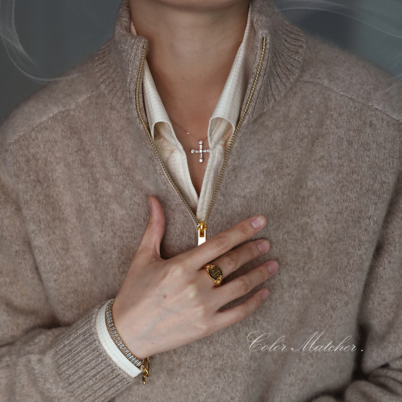 Luxury Old Money 100% Merino Wool Gold Zipper Half-Zip Stand Collar Oatmeal Color Thick Warm Gentleman's Sweater