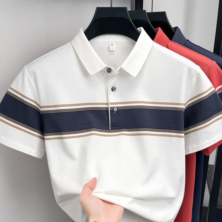 Tommy Youth Contrast Color Striped Lapel Polo Shirt Men's Short Sleeve Business Casual Cool T-Shirt Silky Cotton Summer Tommy Youth Contrast Color Striped Lapel Polo Shirt Men's Short Sleeve Business Casual Cool T-Shirt Silky Cotton Summer