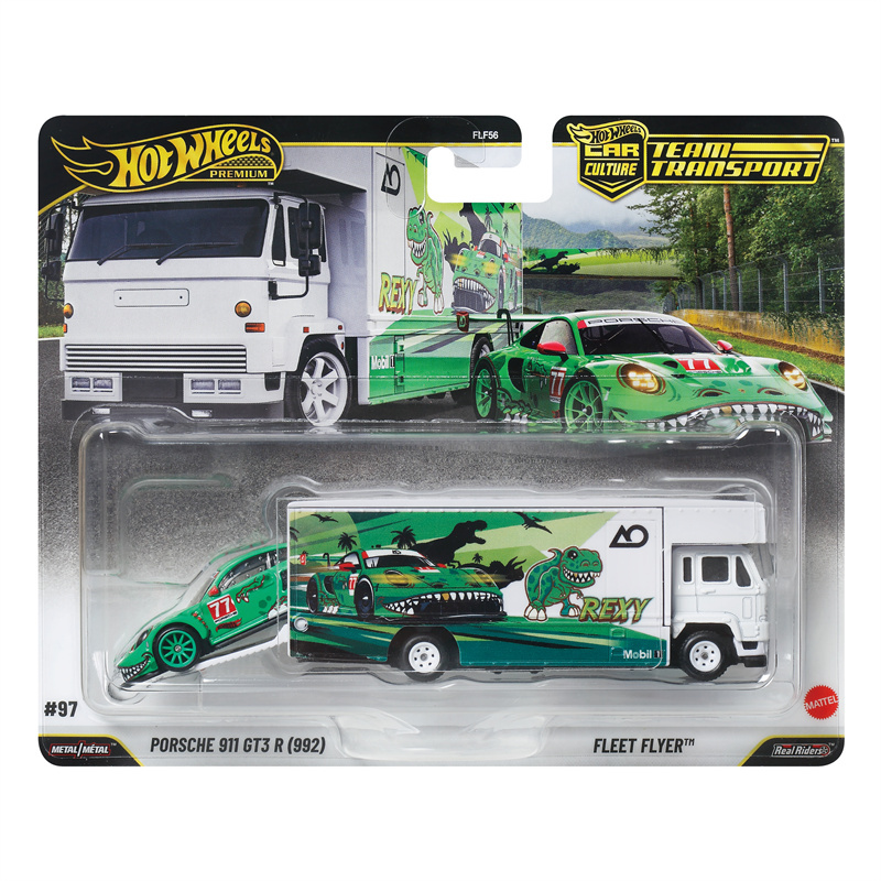Hot Wheels Flf56 Racing Transporter Porsche 911 Gt3 Rexy Green Dinosaur Hotwheels